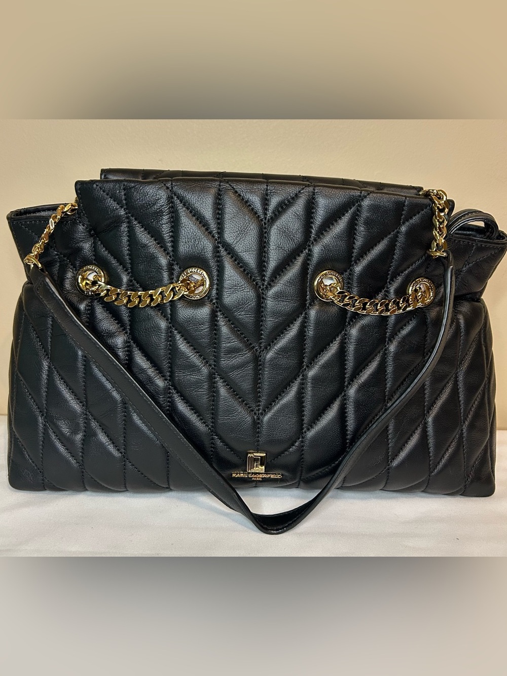 Karl Lagerfeld Black Quilted Leather Shoulder Bag with Gold Chain